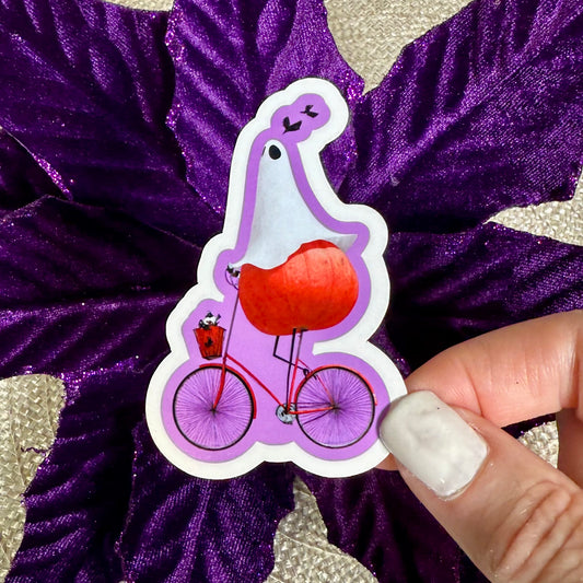 Petunia on Her Pumpkin Bike, 3" Cute Halloween Ghost Vinyl Sticker