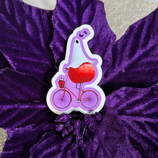 Petunia on Her Pumpkin Bike, 3" Cute Halloween Ghost Vinyl Sticker